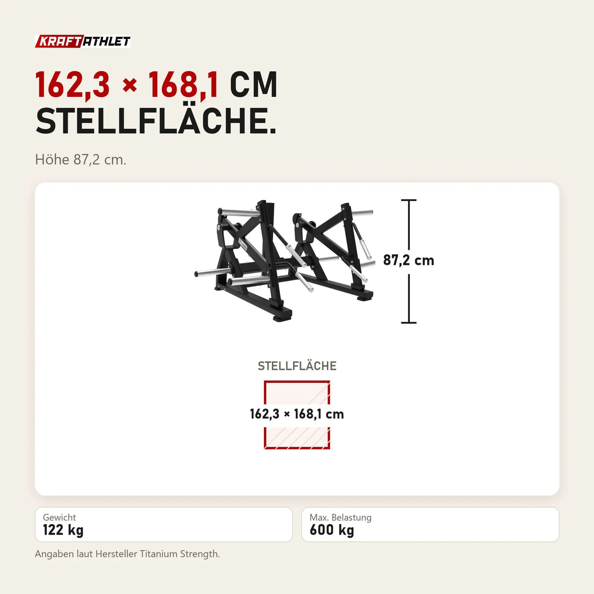 Maßbild Titanium Strength Elite Series Squat Lunge Maschine: Stellfläche 162,3 × 168,1 cm, Höhe 87,2 cm