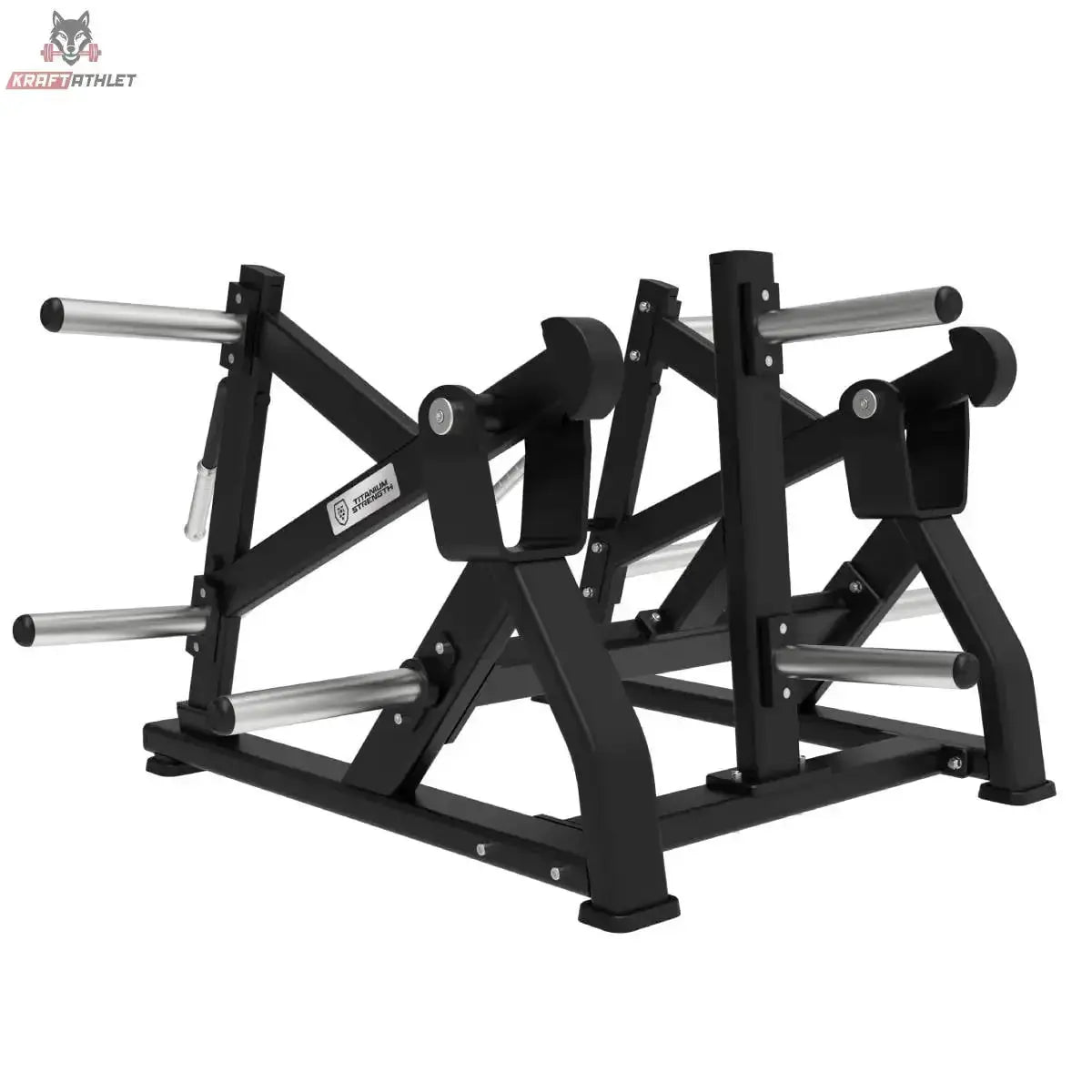 Titanium Strength Elite Series Squat Lunge Maschine – Schrägansicht von rechts mit Scheibenaufnahmen