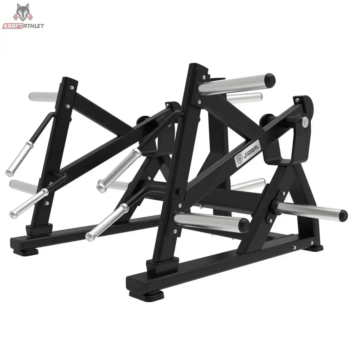 Titanium Strength Elite Series Squat Lunge Maschine – Schrägansicht von vorn auf Rahmen und Griffe