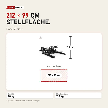 Maßbild Titanium Strength Elite Series Steh-Rudergerät mit T-Stange: Stellfläche 212 × 99 cm, Höhe 50 cm