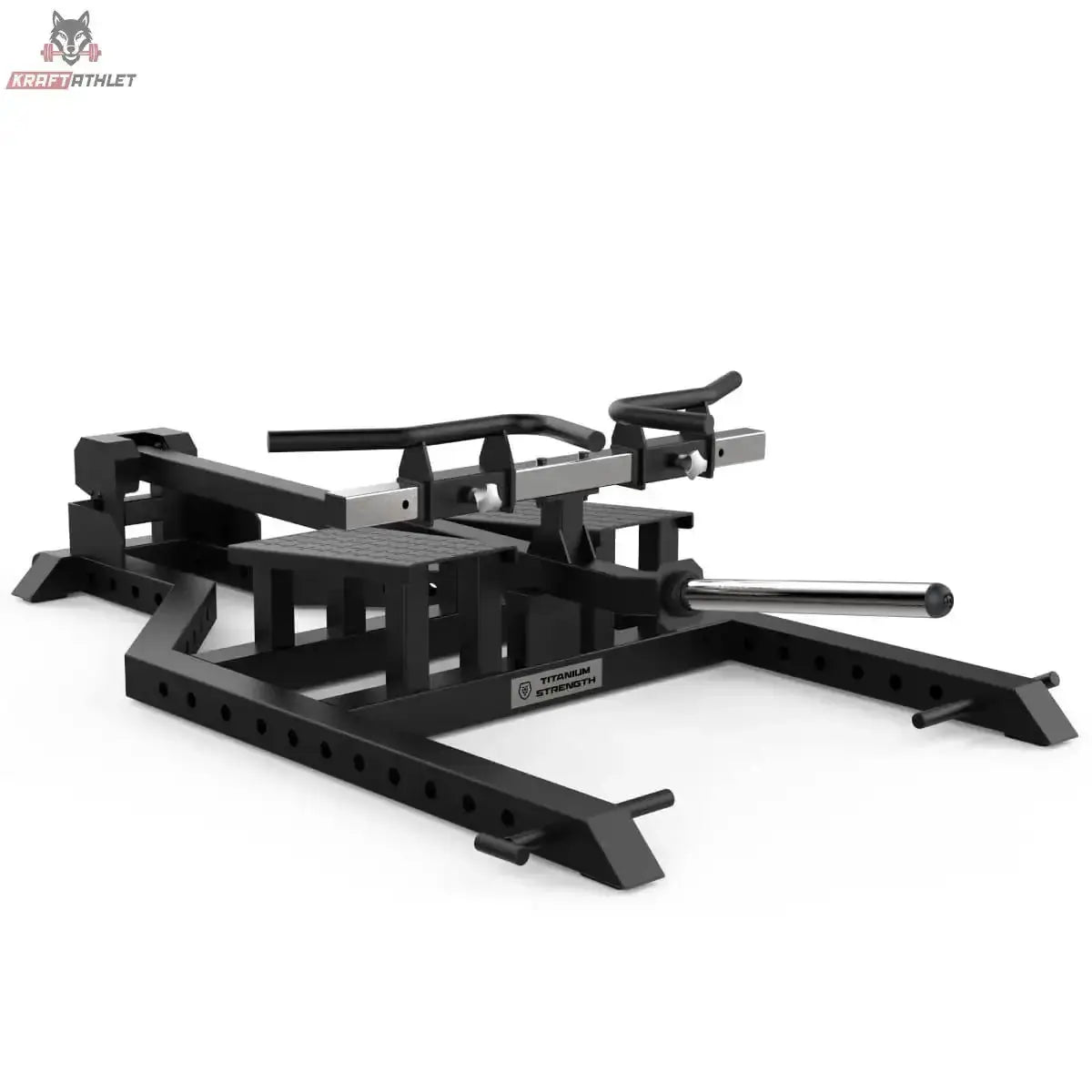 Titanium Strength Elite Series Steh-Rudergerät mit T-Stange: Schrägansicht mit breitem Bodenrahmen und T-Griffen