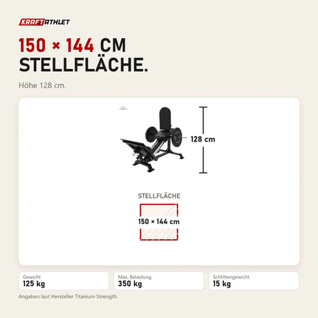 Maßbild Titanium Strength Elite Series Stehende Beinpresse und Wadenheben 2-in-1: Stellfläche 150 × 144 cm, Höhe 128 cm