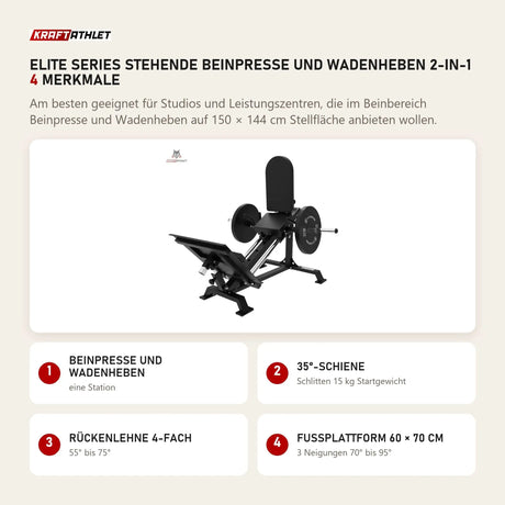 Titanium Strength Elite Series Stehende Beinpresse und Wadenheben 2-in-1 mit 4 Merkmalen: Beinpresse und Wadenheben, 35°-Schiene, Rückenlehne 4-fach, Fußplattform 60 × 70 cm