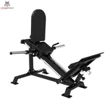 Titanium Strength Elite Series Stehende Beinpresse und Wadenheben 2-in-1 – Schrägansicht von hinten ohne Scheiben mit Hantelaufnahmen