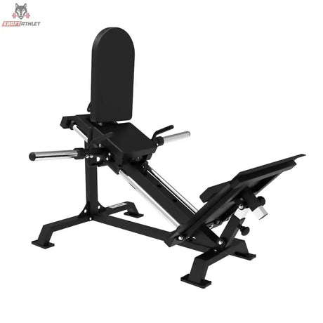 Titanium Strength Elite Series Stehende Beinpresse und Wadenheben 2-in-1 – Schrägansicht von hinten ohne Scheiben mit Hantelaufnahmen