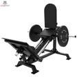 Titanium Strength Elite Series Stehende Beinpresse und Wadenheben 2-in-1 – Schrägansicht mit Fußplattform und aufgelegten Scheiben