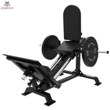 Titanium Strength Elite Series Stehende Beinpresse und Wadenheben 2-in-1 – Schrägansicht mit Fußplattform und aufgelegten Scheiben