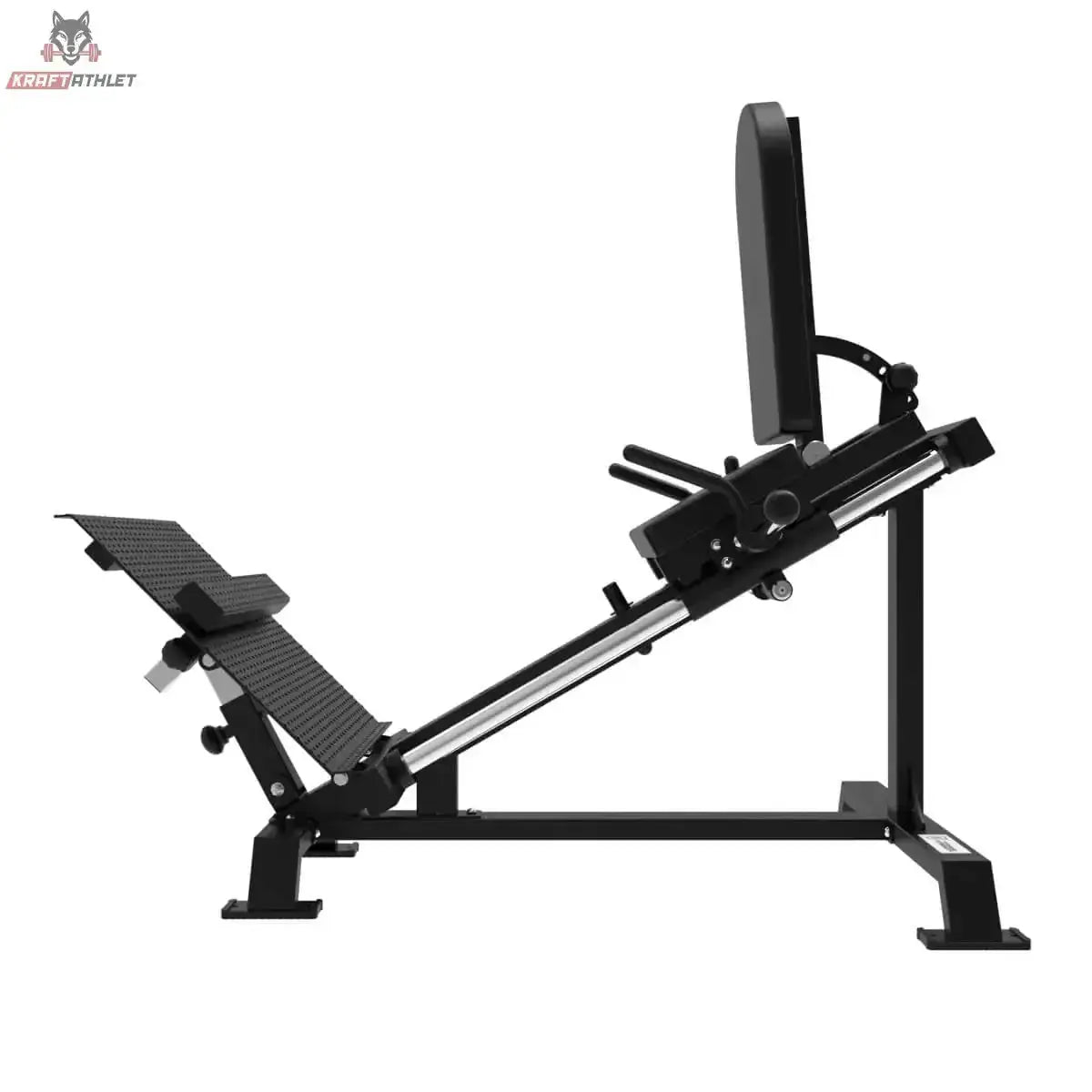 Titanium Strength Elite Series Stehende Beinpresse und Wadenheben 2-in-1 – Seitenansicht mit Rückenpolster, Schlitten und Fußplattform