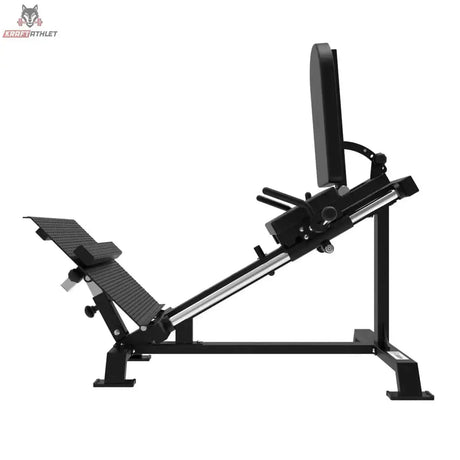 Titanium Strength Elite Series Stehende Beinpresse und Wadenheben 2-in-1 – Seitenansicht mit Rückenpolster, Schlitten und Fußplattform
