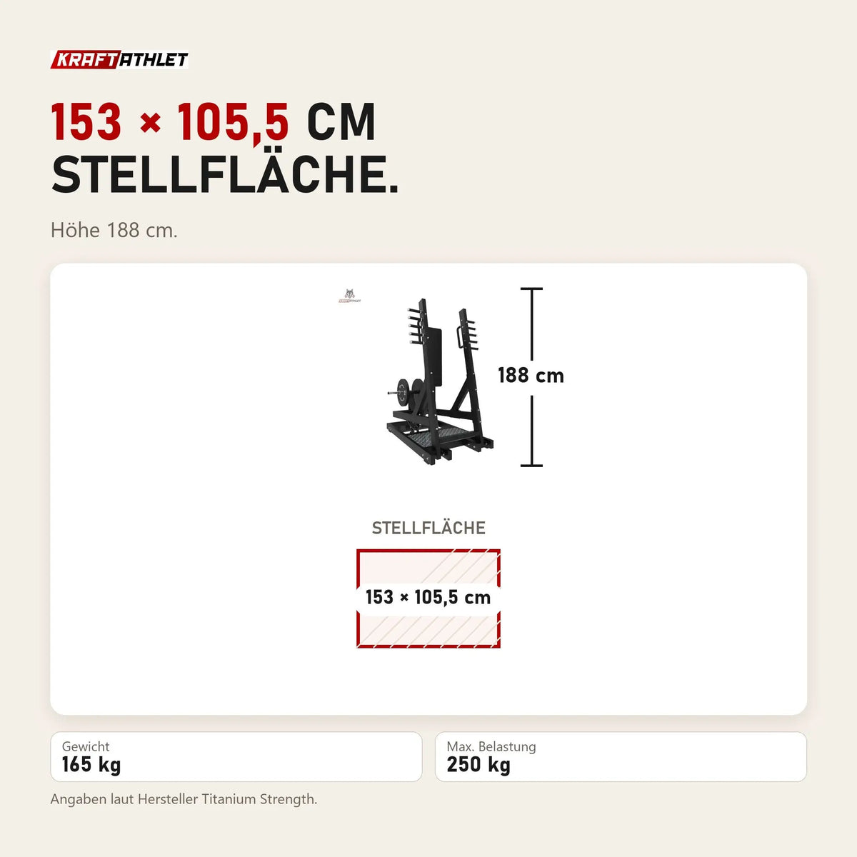 Maßbild Titanium Strength Elite Series Stehende Brustpresse mit Hebelarm: Stellfläche 153 × 105,5 cm, Höhe 188 cm