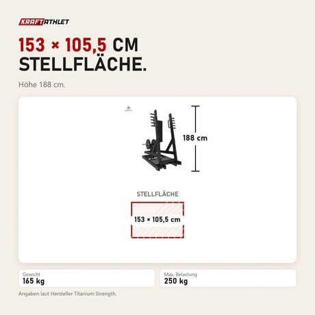 Maßbild Titanium Strength Elite Series Stehende Brustpresse mit Hebelarm: Stellfläche 153 × 105,5 cm, Höhe 188 cm