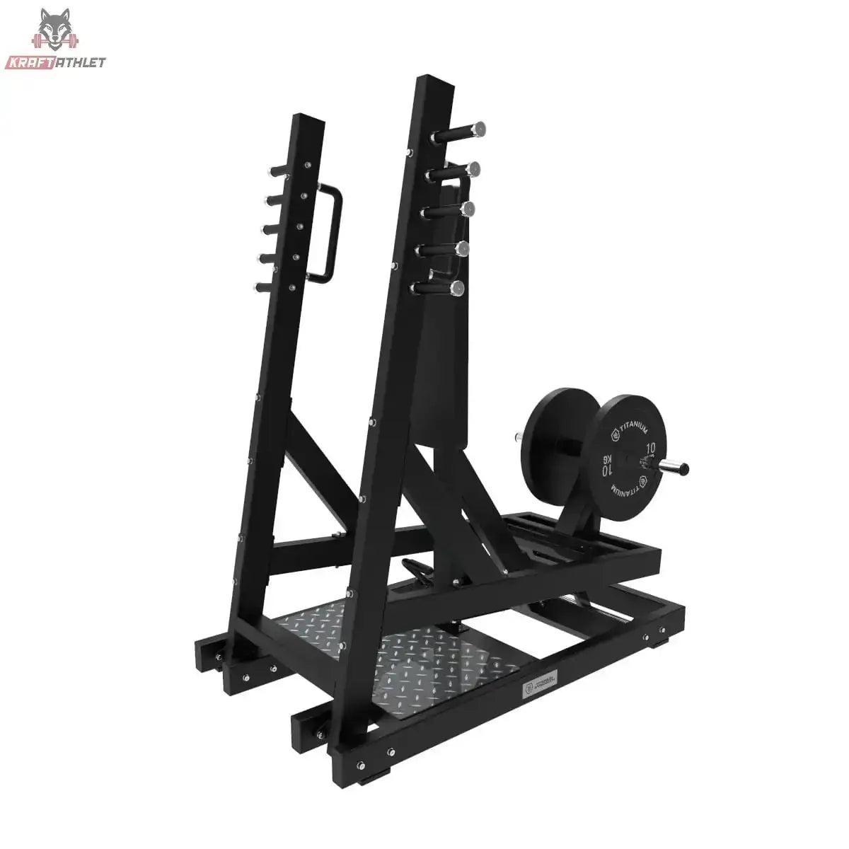 Titanium Strength Elite Series Stehende Brustpresse mit Hebelarm in Schrägansicht von hinten mit Griffen