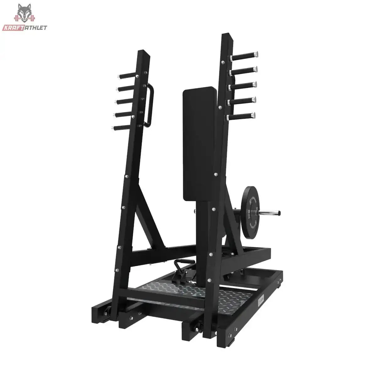 Titanium Strength Elite Series Stehende Brustpresse mit Hebelarm in Schrägansicht von vorn mit Rückenpolster