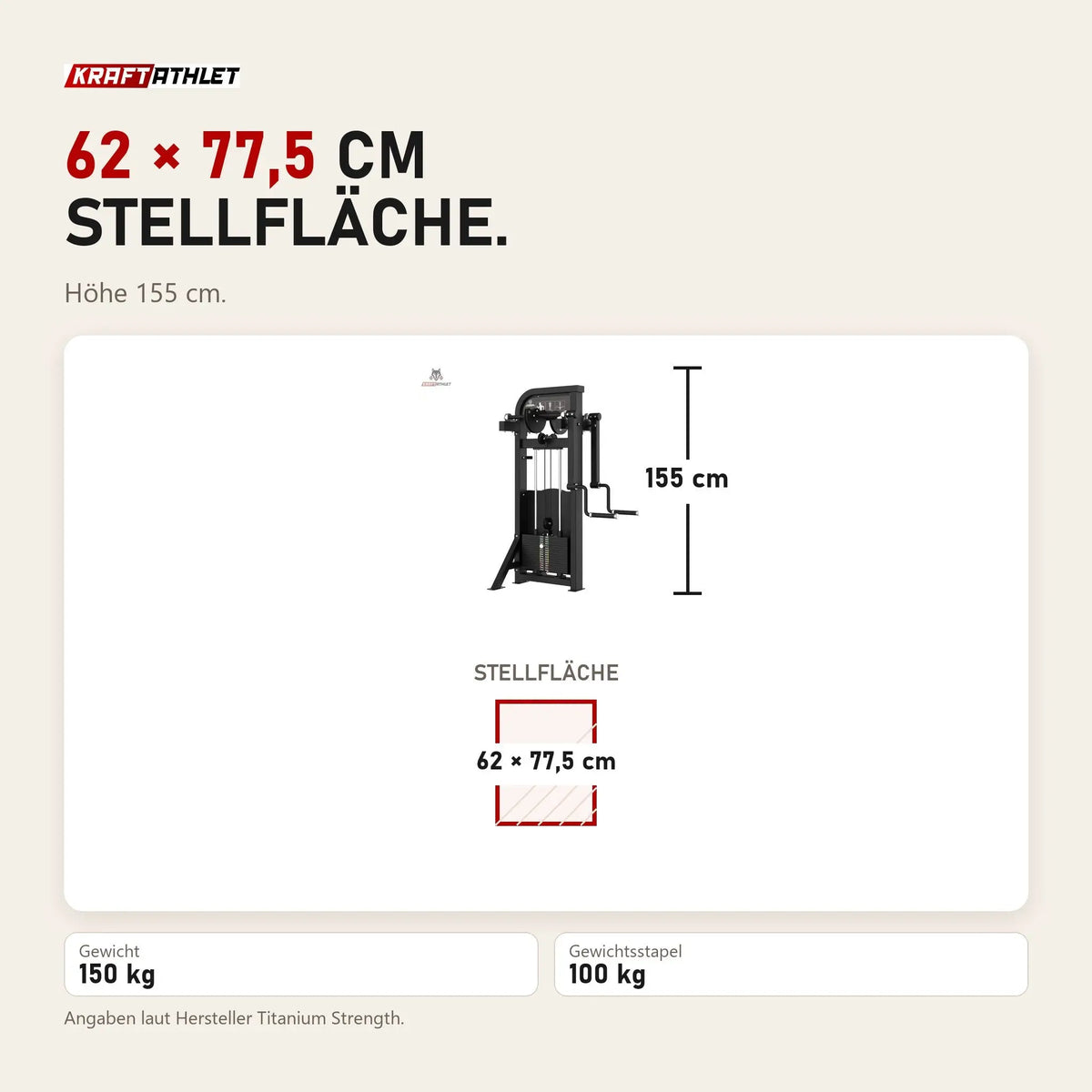 Maßbild Titanium Strength Elite Series Stehende Seitliche Erhebungen: Stellfläche 62 × 77,5 cm, Höhe 155 cm
