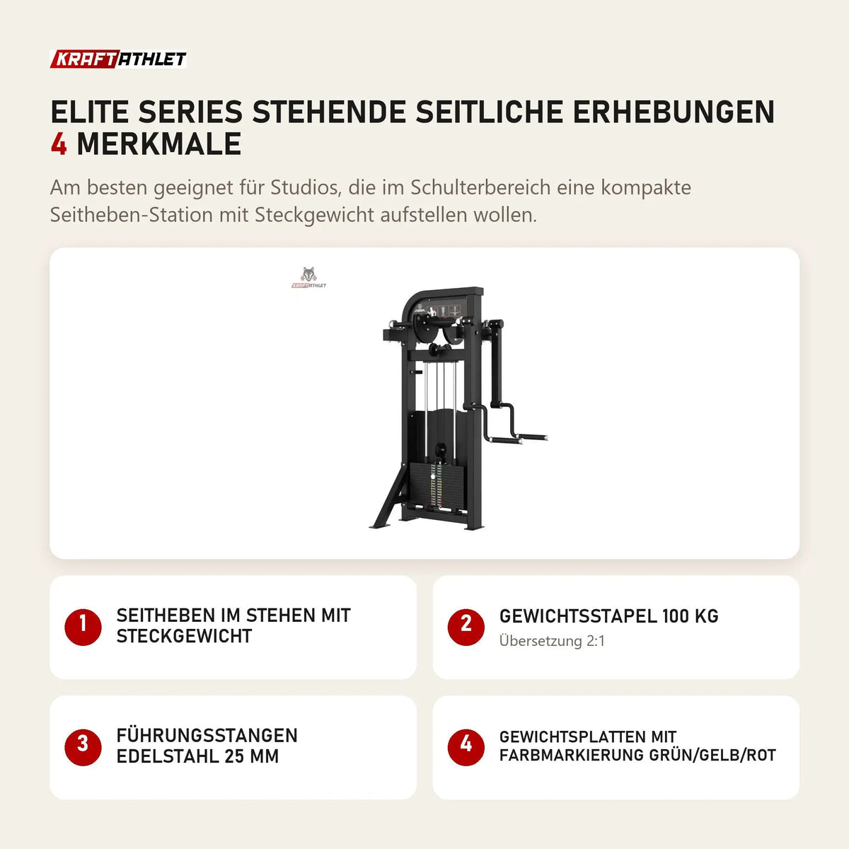 Titanium Strength Elite Series Stehende Seitliche Erhebungen mit 4 Merkmalen: Seitheben im Stehen mit Steckgewicht, Gewichtsstapel 100 kg, Führungsstangen Edelstahl 25 mm, Gewichtsplatten mit Farbmarkierung Grün/Gelb/Rot