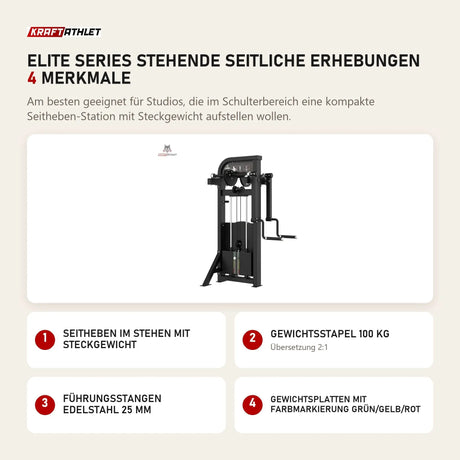 Titanium Strength Elite Series Stehende Seitliche Erhebungen mit 4 Merkmalen: Seitheben im Stehen mit Steckgewicht, Gewichtsstapel 100 kg, Führungsstangen Edelstahl 25 mm, Gewichtsplatten mit Farbmarkierung Grün/Gelb/Rot