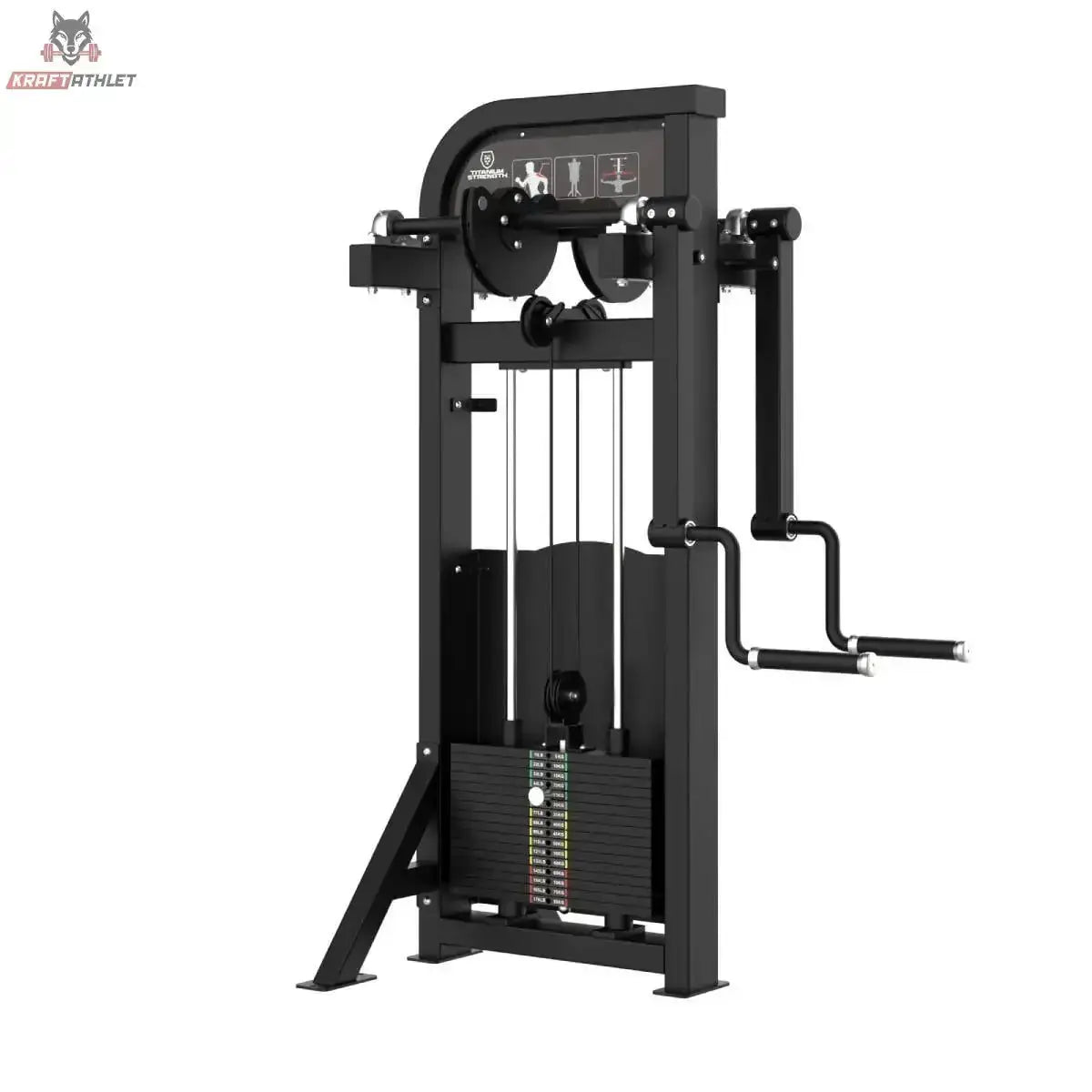 Titanium Strength Elite Series Stehende Seitliche Erhebungen – Schrägansicht mit Armhebeln, Kurbelgriffen und Gewichtsturm