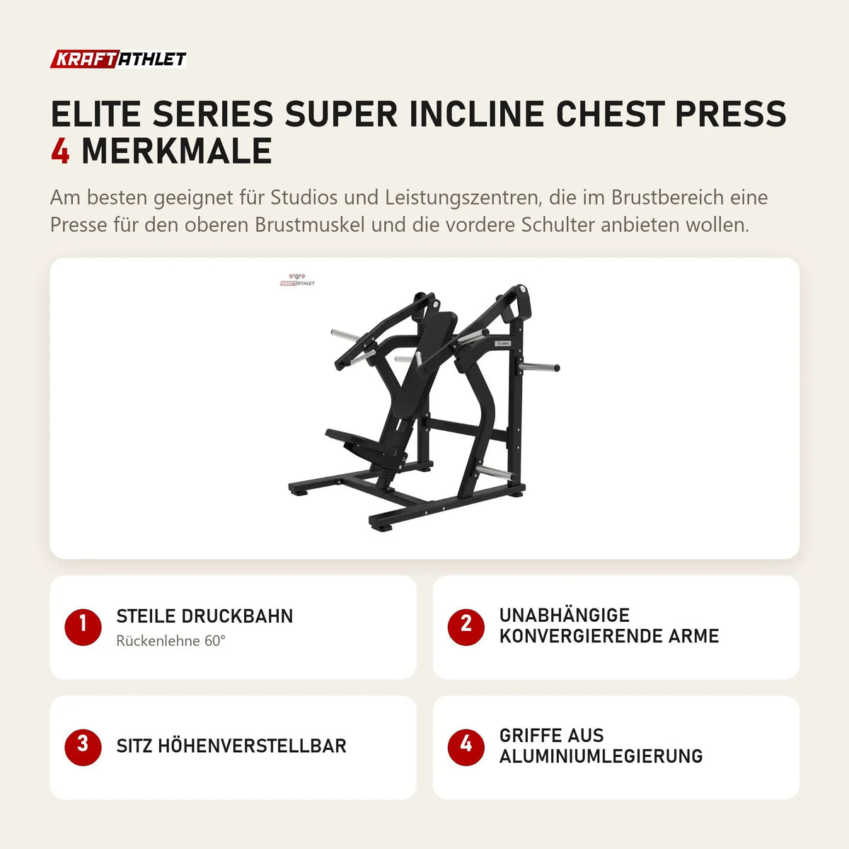 Titanium Strength Elite Series Super Incline Chest Press mit 4 Merkmalen: Steile Druckbahn, Unabhängige konvergierende Arme, Sitz höhenverstellbar, Griffe aus Aluminiumlegierung