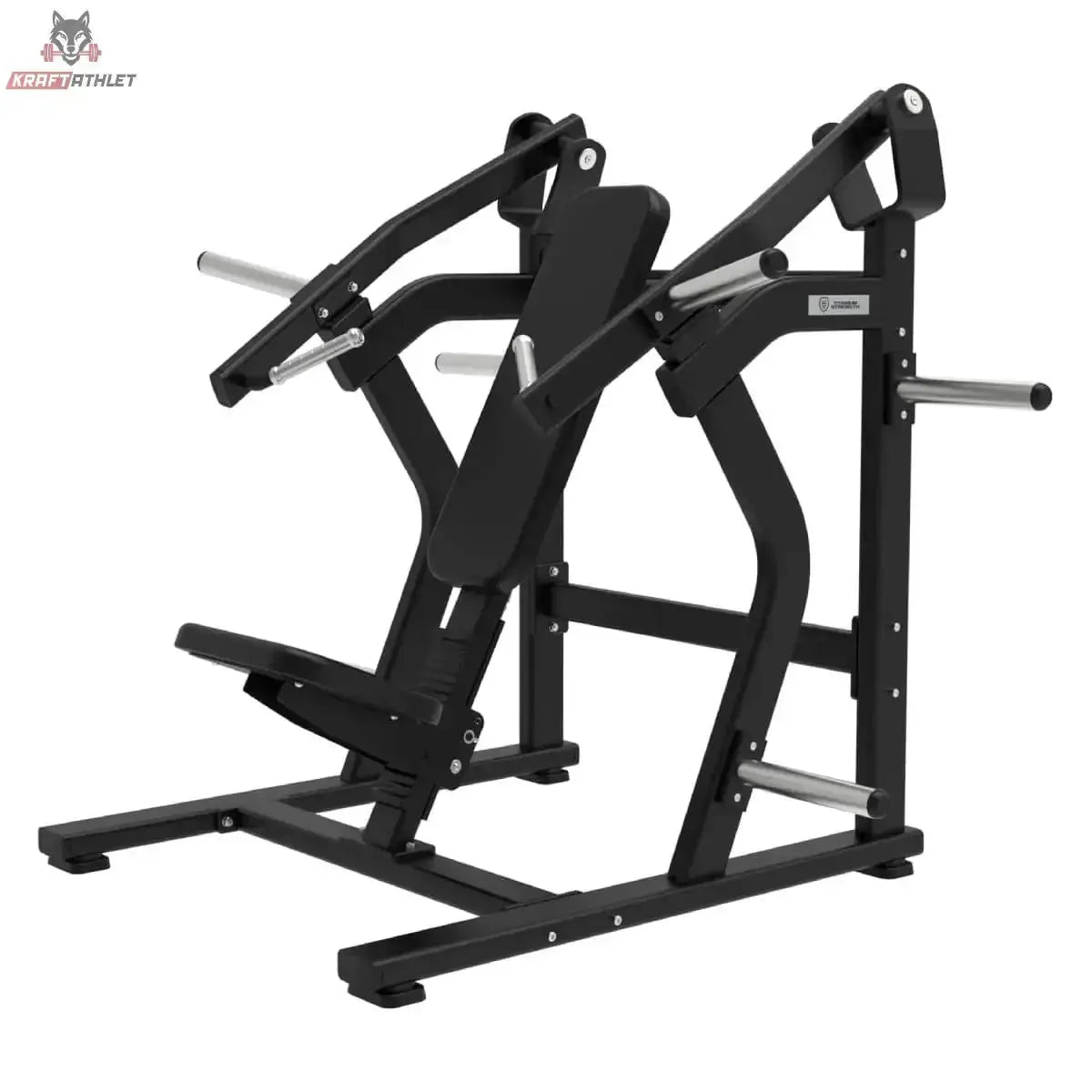 Titanium Strength Elite Series Super Incline Chest Press in Schrägansicht von vorn mit Druckarmen, Sitz und Scheibenaufnahmen