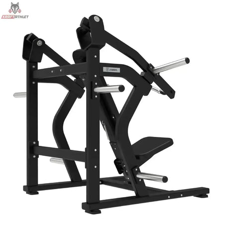 Titanium Strength Elite Series Super Incline Chest Press in Seitenansicht von rechts mit Brustpolster und Fußstütze