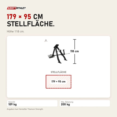 Maßbild Titanium Strength Elite Series T-Bar Rudern: Stellfläche 179 × 95 cm, Höhe 118 cm