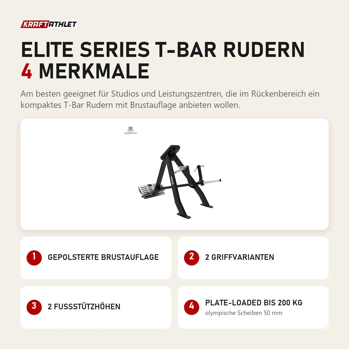 Titanium Strength Elite Series T-Bar Rudern mit 4 Merkmalen: Gepolsterte Brustauflage, 2 Griffvarianten, 2 Fußstützhöhen, Plate-Loaded bis 200 kg
