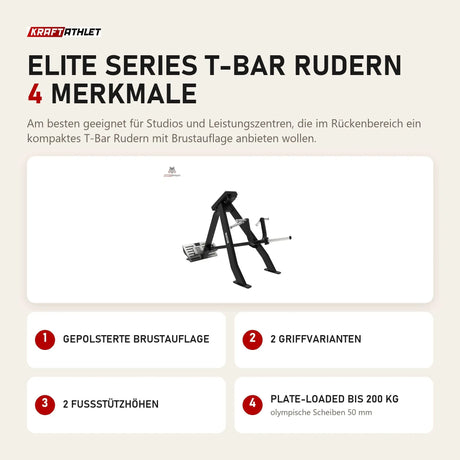 Titanium Strength Elite Series T-Bar Rudern mit 4 Merkmalen: Gepolsterte Brustauflage, 2 Griffvarianten, 2 Fußstützhöhen, Plate-Loaded bis 200 kg