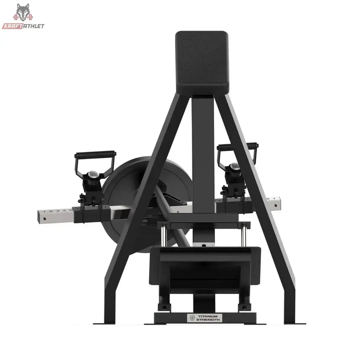 Titanium Strength Elite Series T-Bar Rudern mit einstellbaren Griffen – Frontansicht mit Griffen und aufgelegter Hantelscheibe