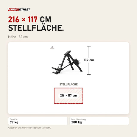 Maßbild Titanium Strength Elite Series T-Bar Rudern mit einstellbaren Griffen: Stellfläche 216 × 117 cm, Höhe 132 cm