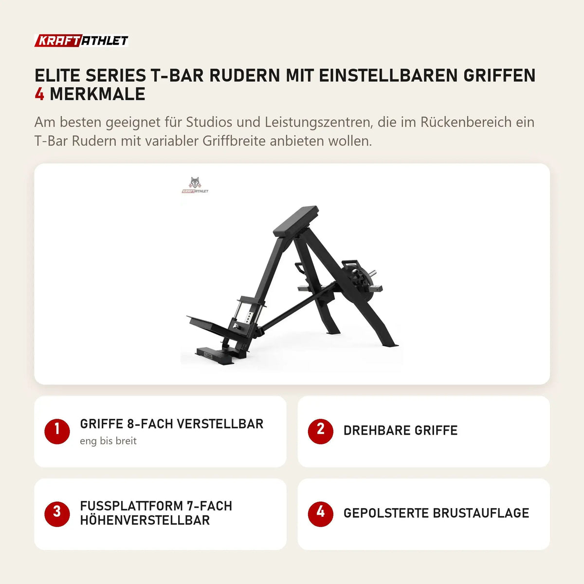 Titanium Strength Elite Series T-Bar Rudern mit einstellbaren Griffen mit 4 Merkmalen: Griffe 8-fach verstellbar, Drehbare Griffe, Fußplattform 7-fach höhenverstellbar, Gepolsterte Brustauflage