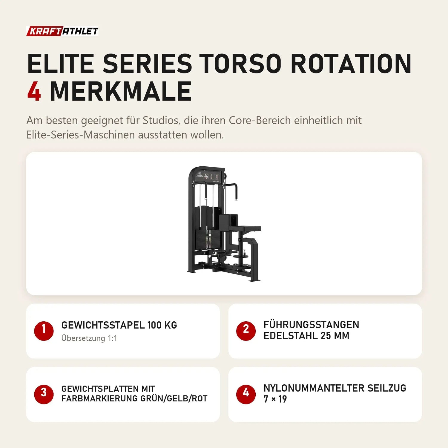 Titanium Strength Elite Series Torso Rotation mit 4 Merkmalen: Gewichtsstapel 100 kg, Führungsstangen Edelstahl 25 mm, Gewichtsplatten mit Farbmarkierung Grün/Gelb/Rot, Nylonummantelter Seilzug 7 × 19