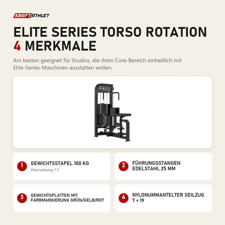Titanium Strength Elite Series Torso Rotation mit 4 Merkmalen: Gewichtsstapel 100 kg, Führungsstangen Edelstahl 25 mm, Gewichtsplatten mit Farbmarkierung Grün/Gelb/Rot, Nylonummantelter Seilzug 7 × 19