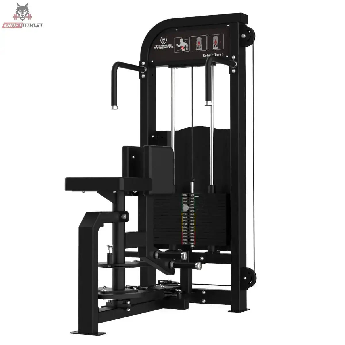 Titanium Strength Elite Series Torso Rotation – Schrägansicht von rechts mit Drehsitz und Griffbügel