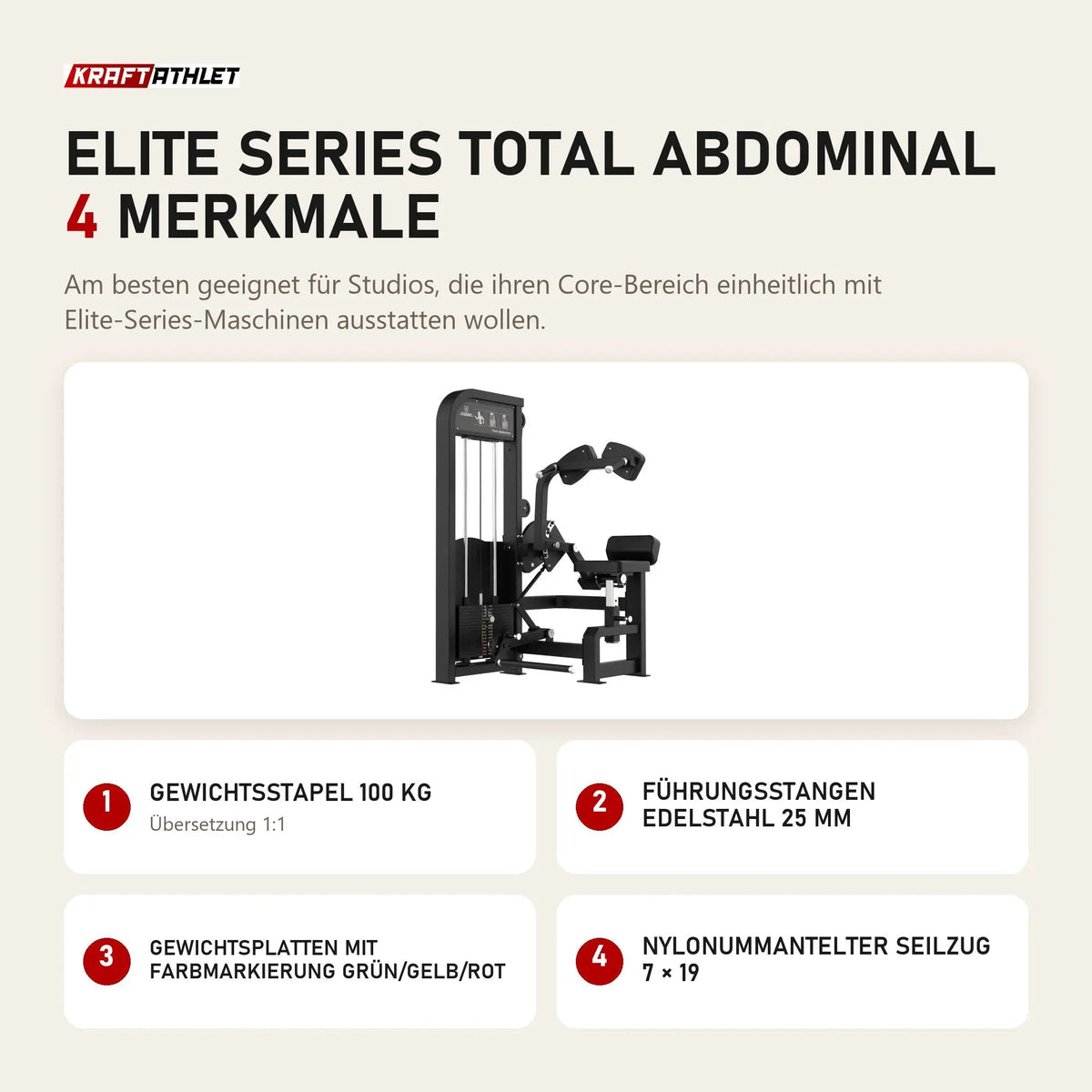 Titanium Strength Elite Series Total Abdominal mit 4 Merkmalen: Gewichtsstapel 100 kg, Führungsstangen Edelstahl 25 mm, Gewichtsplatten mit Farbmarkierung Grün/Gelb/Rot, Nylonummantelter Seilzug 7 × 19