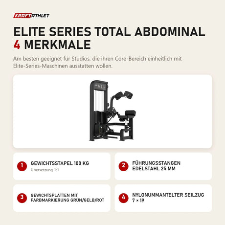 Titanium Strength Elite Series Total Abdominal mit 4 Merkmalen: Gewichtsstapel 100 kg, Führungsstangen Edelstahl 25 mm, Gewichtsplatten mit Farbmarkierung Grün/Gelb/Rot, Nylonummantelter Seilzug 7 × 19