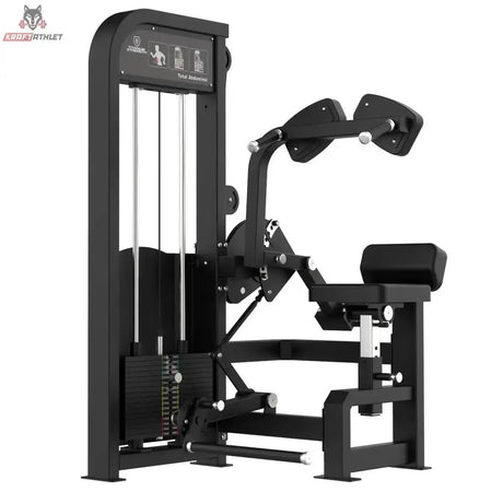 Titanium Strength Elite Series Total Abdominal – Schrägansicht mit Schulterpolstern, Sitz und Gewichtsturm