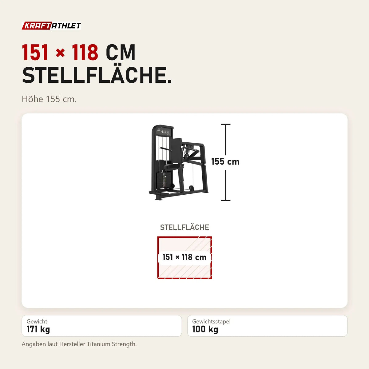 Maßbild Titanium Strength Elite Series Trizeps Dips: Stellfläche 151 × 118 cm, Höhe 155 cm
