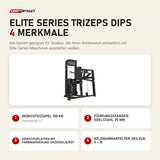 Titanium Strength Elite Series Trizeps Dips mit 4 Merkmalen: Gewichtsstapel 100 kg, Führungsstangen Edelstahl 25 mm, Gewichtsplatten mit Farbmarkierung Grün/Gelb/Rot, Nylonummantelter Seilzug 7 × 19