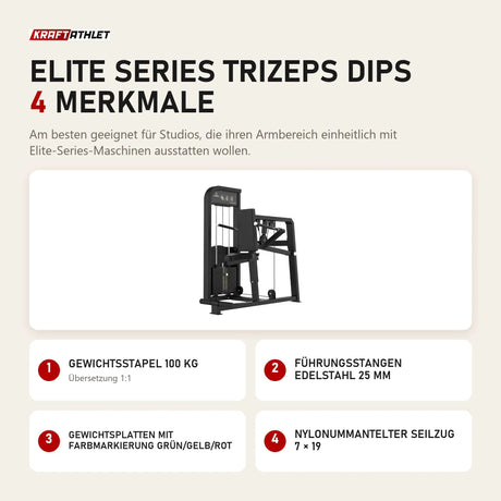 Titanium Strength Elite Series Trizeps Dips mit 4 Merkmalen: Gewichtsstapel 100 kg, Führungsstangen Edelstahl 25 mm, Gewichtsplatten mit Farbmarkierung Grün/Gelb/Rot, Nylonummantelter Seilzug 7 × 19