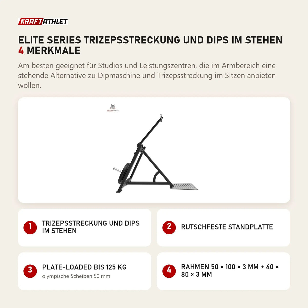 Titanium Strength Elite Series Trizepsstreckung und Dips im Stehen mit 4 Merkmalen: Trizepsstreckung und Dips im Stehen, Rutschfeste Standplatte, Plate-Loaded bis 125 kg, Rahmen 50 × 100 × 3 mm + 40 × 80 × 3 mm