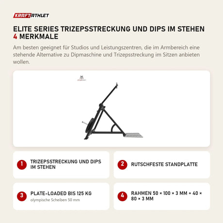 Titanium Strength Elite Series Trizepsstreckung und Dips im Stehen mit 4 Merkmalen: Trizepsstreckung und Dips im Stehen, Rutschfeste Standplatte, Plate-Loaded bis 125 kg, Rahmen 50 × 100 × 3 mm + 40 × 80 × 3 mm
