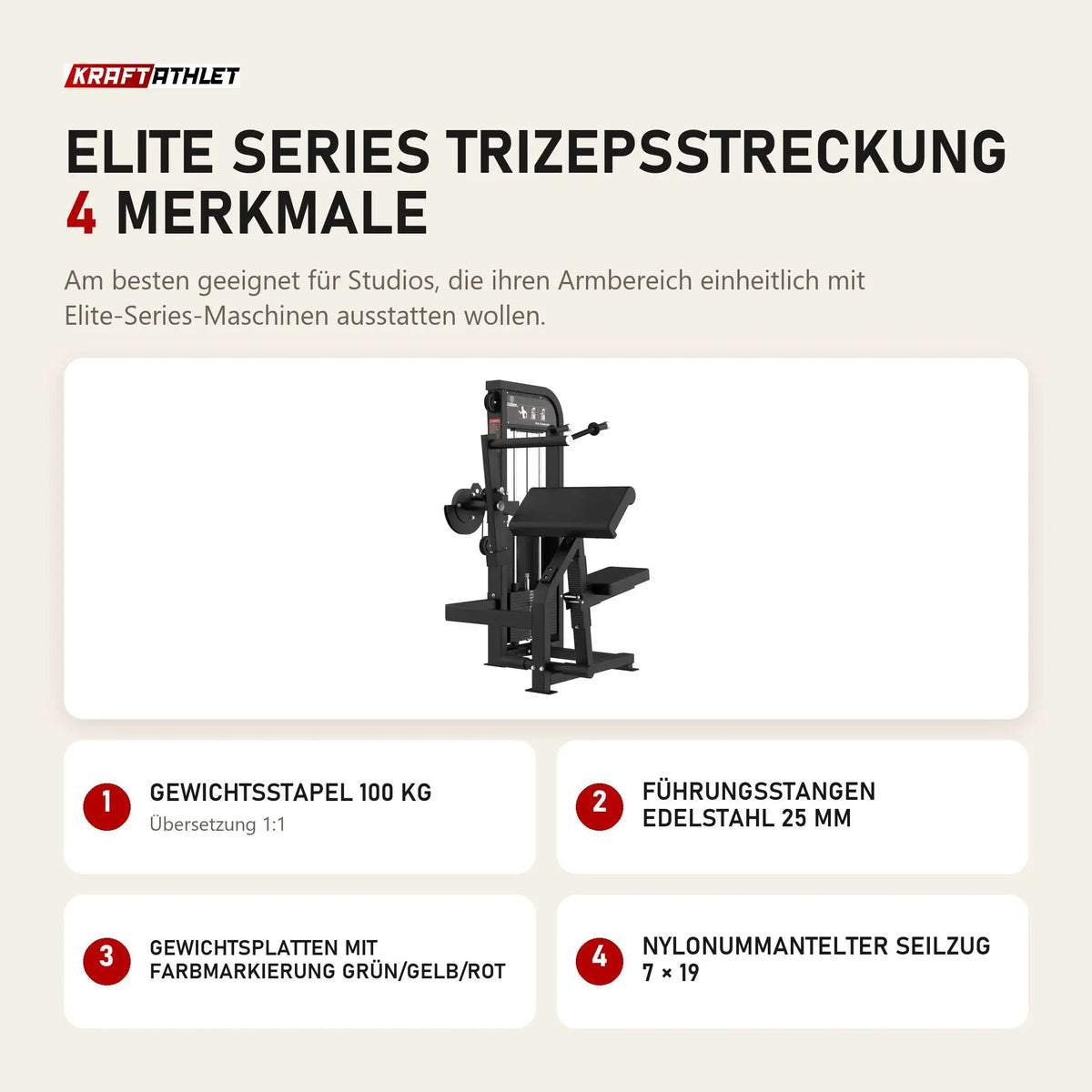 Titanium Strength Elite Series Trizepsstreckung mit 4 Merkmalen: Gewichtsstapel 100 kg, Führungsstangen Edelstahl 25 mm, Gewichtsplatten mit Farbmarkierung Grün/Gelb/Rot, Nylonummantelter Seilzug 7 × 19