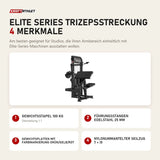 Titanium Strength Elite Series Trizepsstreckung mit 4 Merkmalen: Gewichtsstapel 100 kg, Führungsstangen Edelstahl 25 mm, Gewichtsplatten mit Farbmarkierung Grün/Gelb/Rot, Nylonummantelter Seilzug 7 × 19