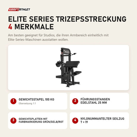 Titanium Strength Elite Series Trizepsstreckung mit 4 Merkmalen: Gewichtsstapel 100 kg, Führungsstangen Edelstahl 25 mm, Gewichtsplatten mit Farbmarkierung Grün/Gelb/Rot, Nylonummantelter Seilzug 7 × 19