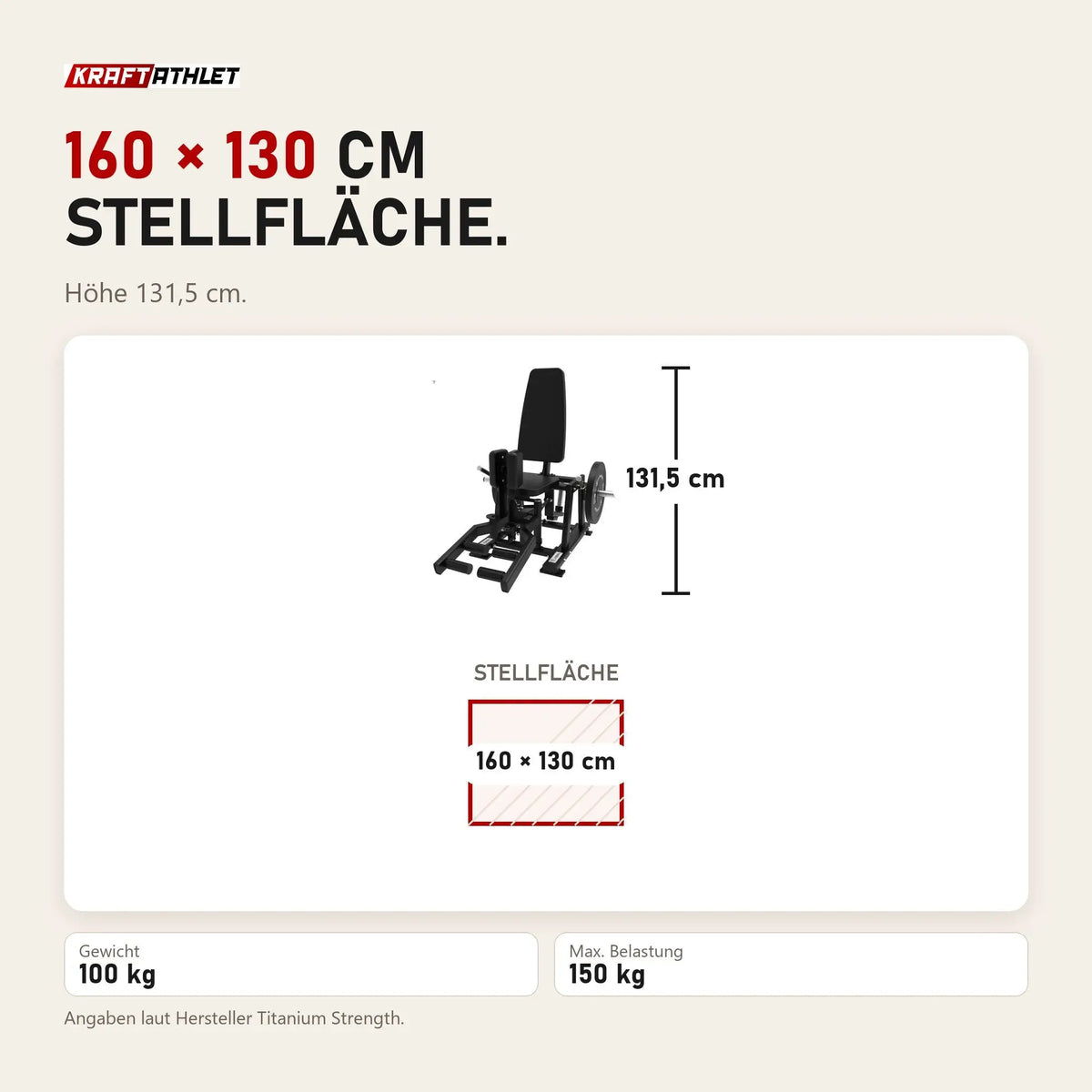 Maßbild Titanium Strength Elite Series Ultimate Abductor-Adductor: Stellfläche 160 × 130 cm, Höhe 131,5 cm