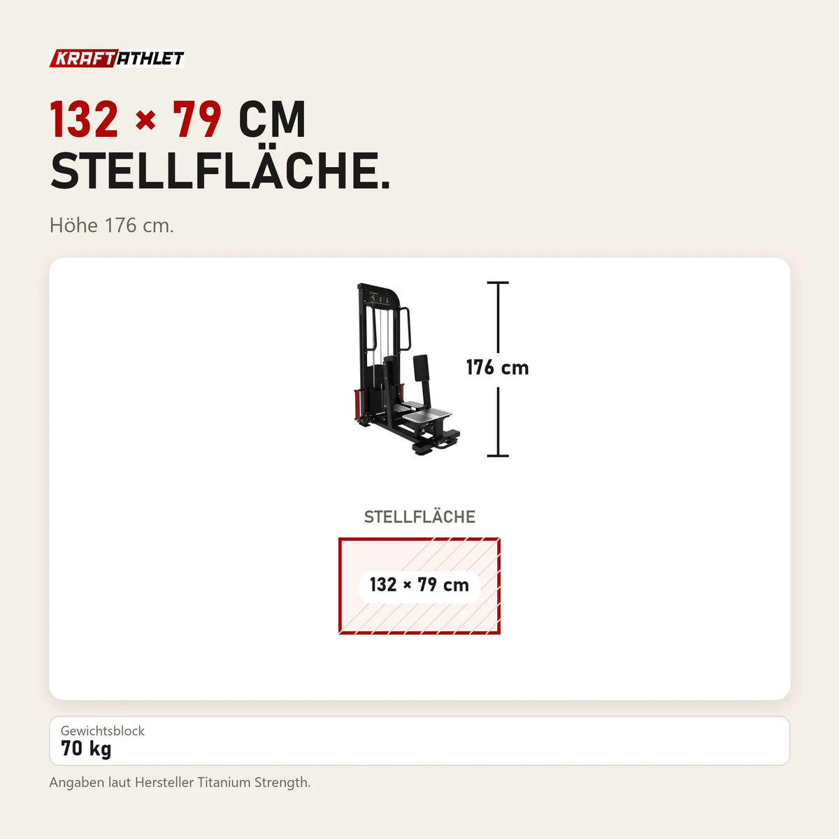 Maßbild Titanium Strength Elite Series Ultimate Abductor Stehen: Stellfläche 132 × 79 cm, Höhe 176 cm