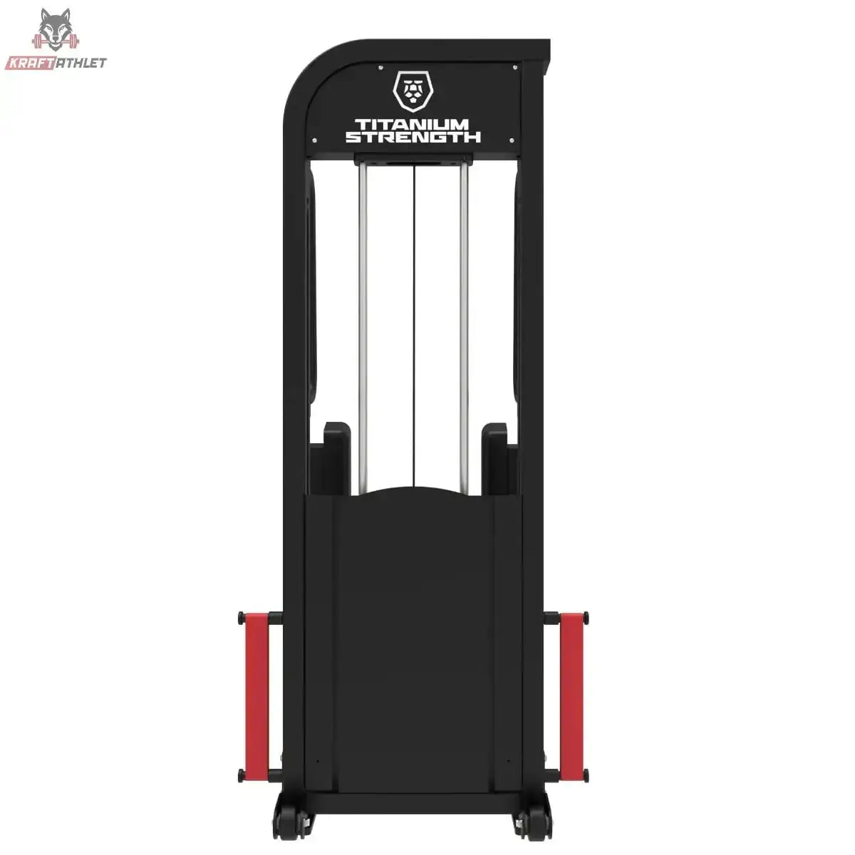 Titanium Strength Elite Series Ultimate Abductor Stehen – Rückansicht des Gewichtsturms mit Logo und roten Anschlägen