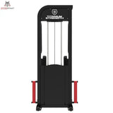 Titanium Strength Elite Series Ultimate Abductor Stehen – Rückansicht des Gewichtsturms mit Logo und roten Anschlägen