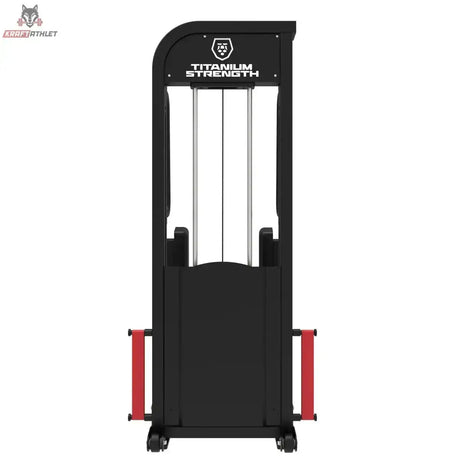 Titanium Strength Elite Series Ultimate Abductor Stehen – Rückansicht des Gewichtsturms mit Logo und roten Anschlägen