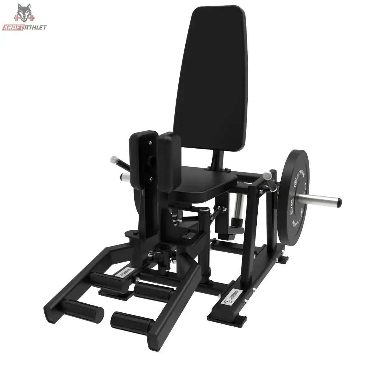 Titanium Strength Elite Series Ultimate Abductor-Adductor in Schwarz, Schrägansicht mit Rückenlehne und Hantelscheibe